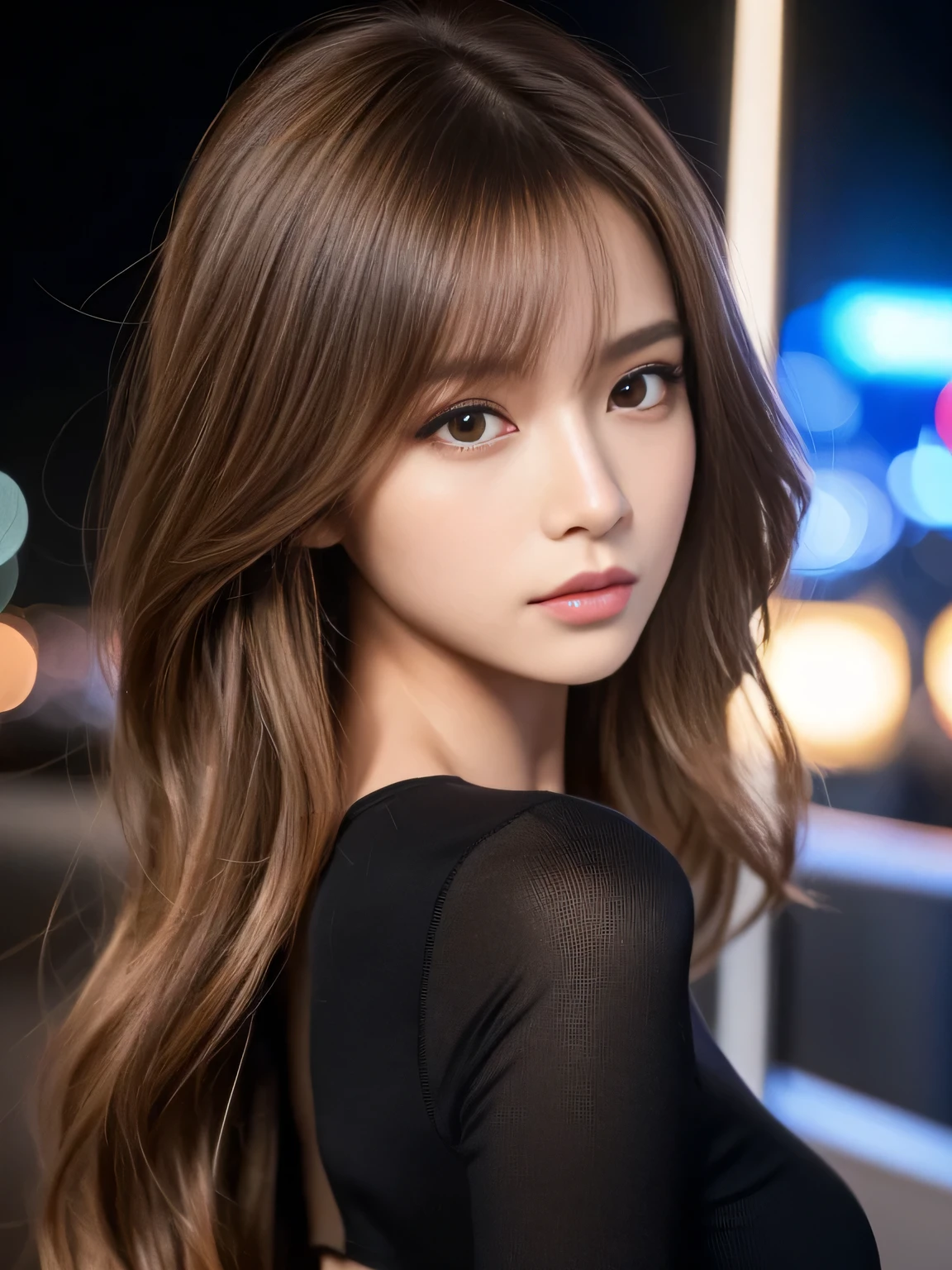 masterpiece, best quality, ultra-detailed, intricately detailed hyperdetailed, realistic, sharp features, highly detailed, sharp focus, (20 years old:1.3), perfect face, perfect symmetrically eyes, perfect full lips, hyper detailed, hyper realistic, high resolution, Fashion Model, Slender, Japanese Idol, (Cute and sexy), fascinate, Red hair, Stylish, Realistic, Photorealistic:1.3, Beautiful Face, light brown hair, messy hair, Beautiful hairstyle, Neat clothes, (sexy face:1.2), (tight fitting Black tops:1.2), City lights at night,