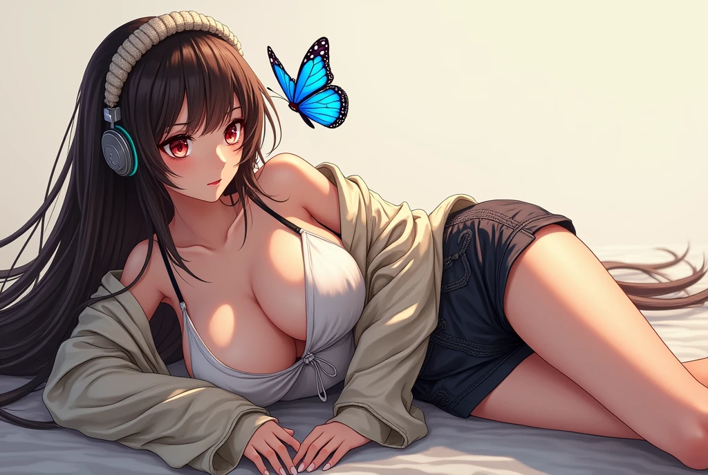 Long Hair, Japanese,knit,adult,anime,Blue Butterfly,Prone,Earphones,No bangs,Brown Hair,Sharp body,whole body,Large Breasts,