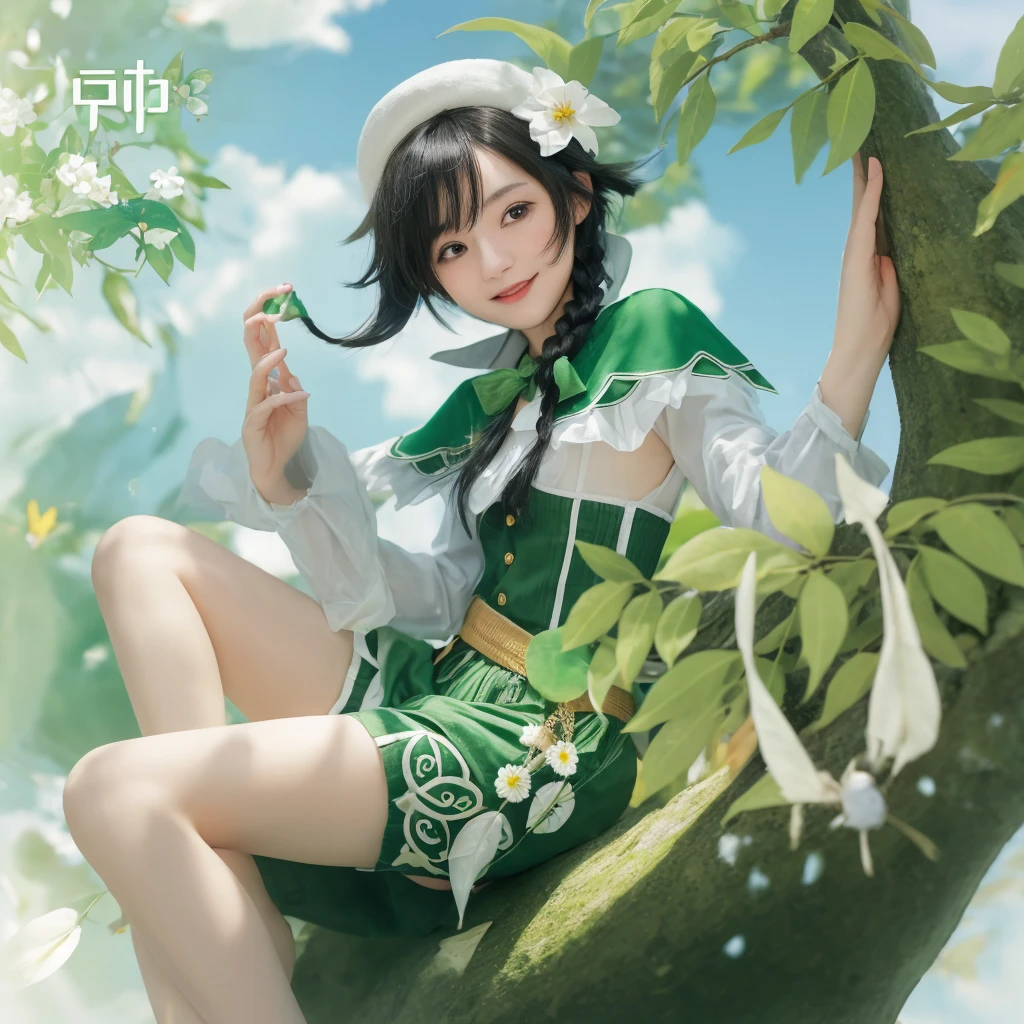 ,girl,beautiful face, muscular female, alternate muscle size,black hair,green hanfu,muscular thighs,spring,muscular ,biceps,white lace trim legwear,abs