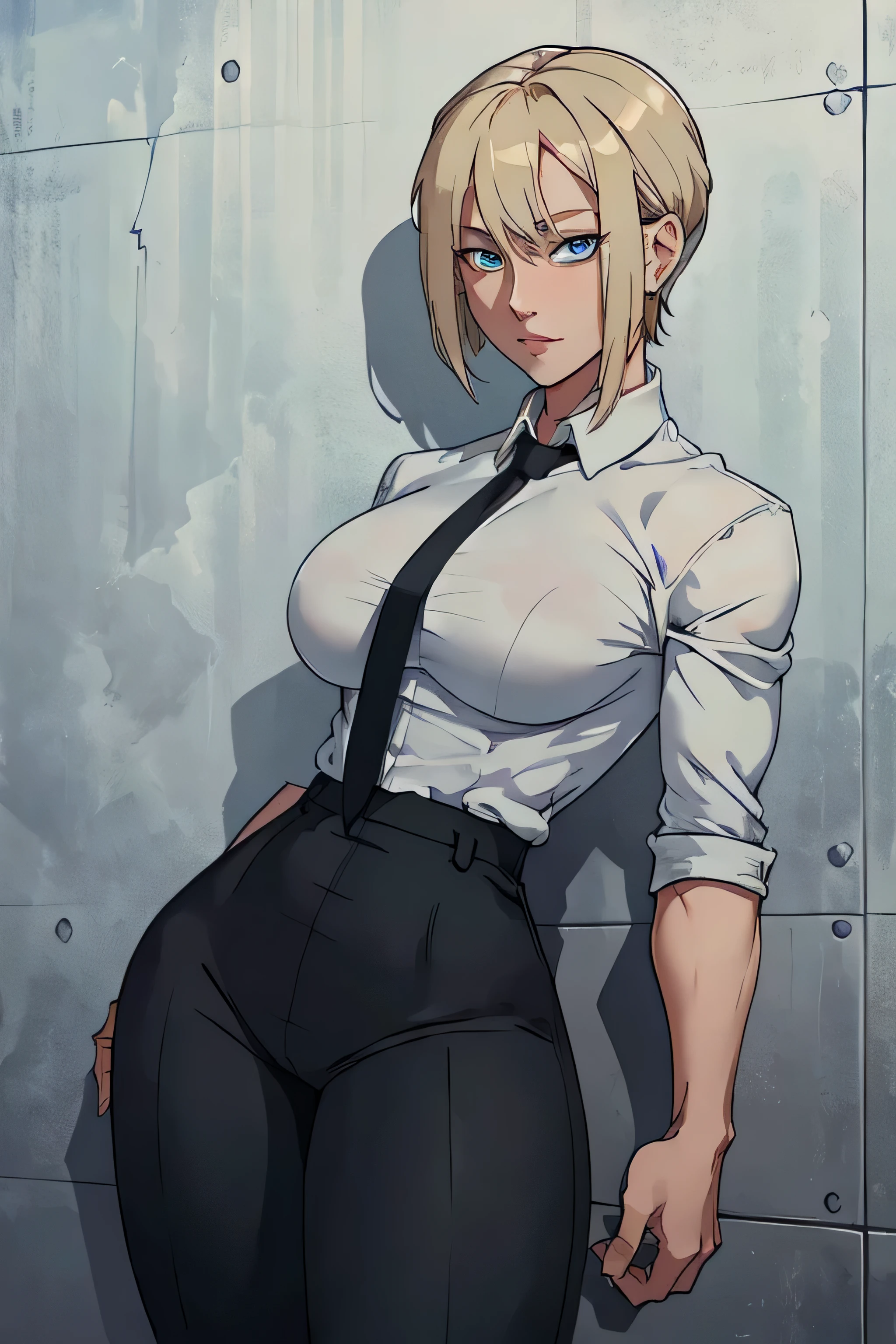 Girl with short blonde hair, blue eyes, wearing A white dress shirt, breasts, with a black tie, defined body, wearing black dress pants, defined waist, hips, collared shirt, Ripped white shirt 