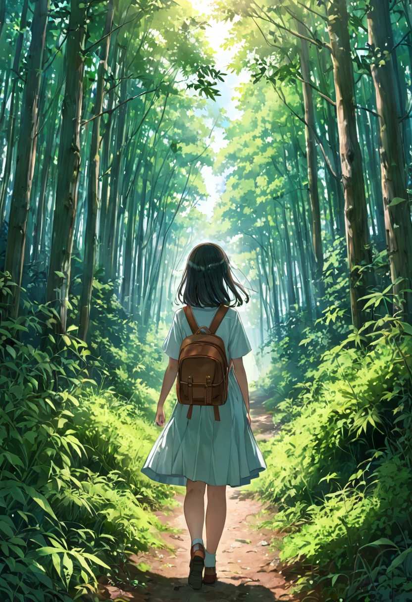 Mystical Expressions、A beautiful girl wandering through the forest、１８Year old girl、Wandering、Confused expression、Look Back、There&#39;s no one around、I feel lonely and my head is downcast、Hanabata Ranch can be seen in the distance, surrounded by forests.、Country living outfit、White clouds and blue sky、Wearing an apron、Costumes fluttering in the wind、Close-up on a girl、
