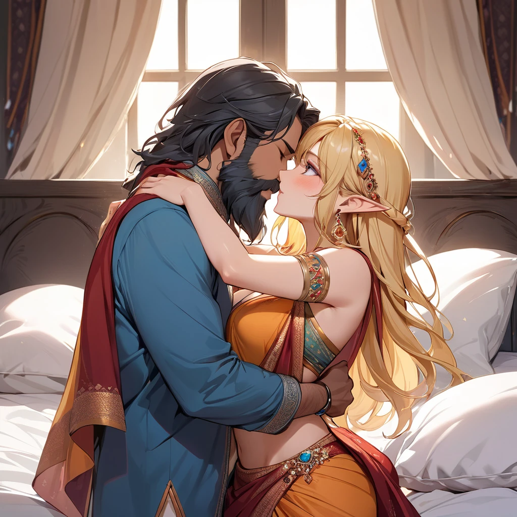 ((Best Quality)), ((masterpiece)), (detailed), （Perfect Face）、The high elf woman is Seras Ashlain, a blonde, medium-long-haired high elf wearing a colorful Indian traditional sari, gorgeous jewelry and an engagement ring.、On the bed in the bedroom, the woman has married a middle-aged Indian man with a beard and has become an Indian woman, and they are embracing, kissing and making love.