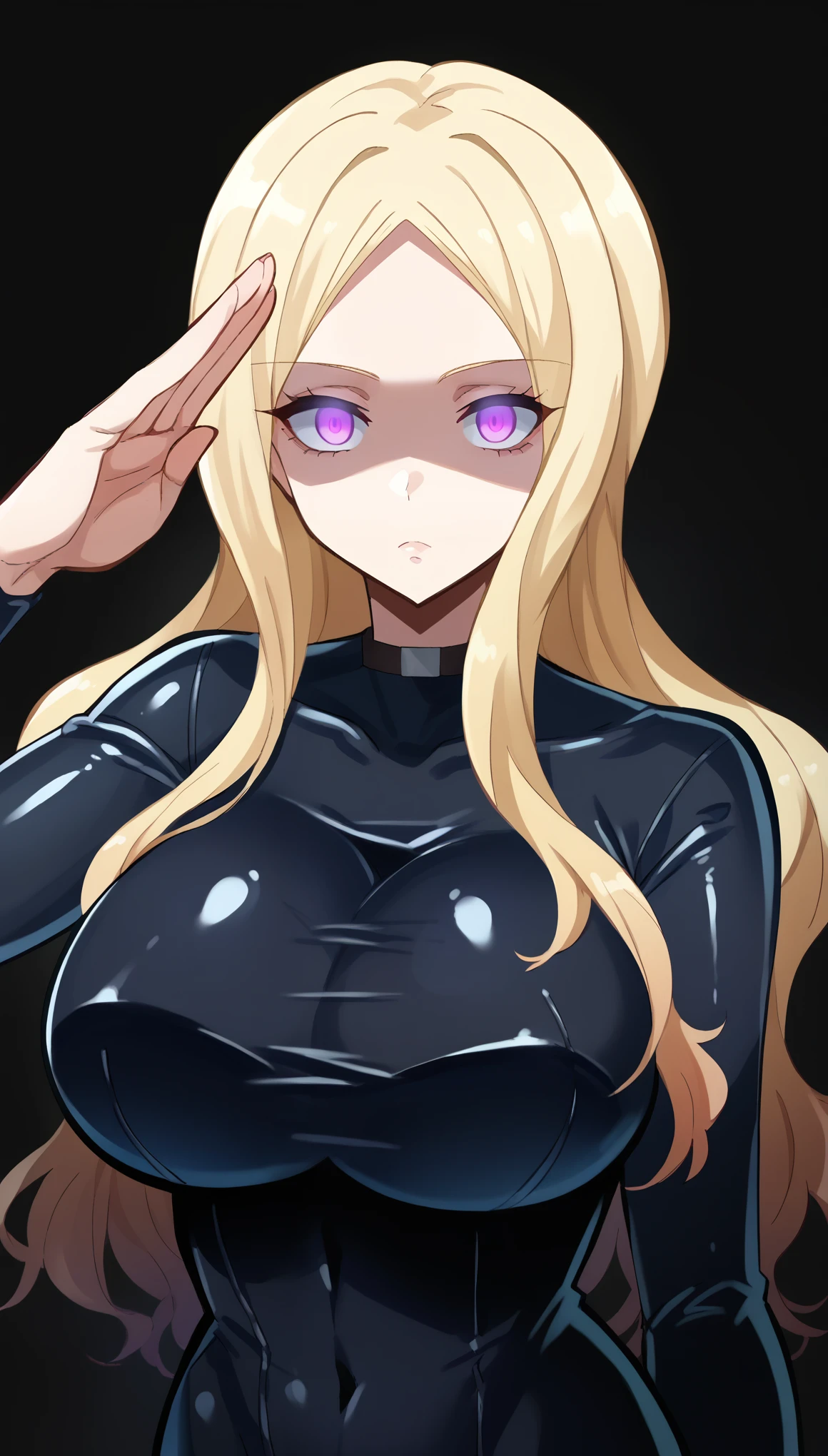 score_9, score_8_up, score_7_up, score_6_up, score_5_up, score_4_up, BREAK source_anime,stand up, salute, aairina, long hair, parted bangs, choker, shaded face, purple eyes,(glowing eyes), Huge breasts, (evil depravity), empty eyes,Expressionless, (rubber tight, skin black tight), black background, simple background,