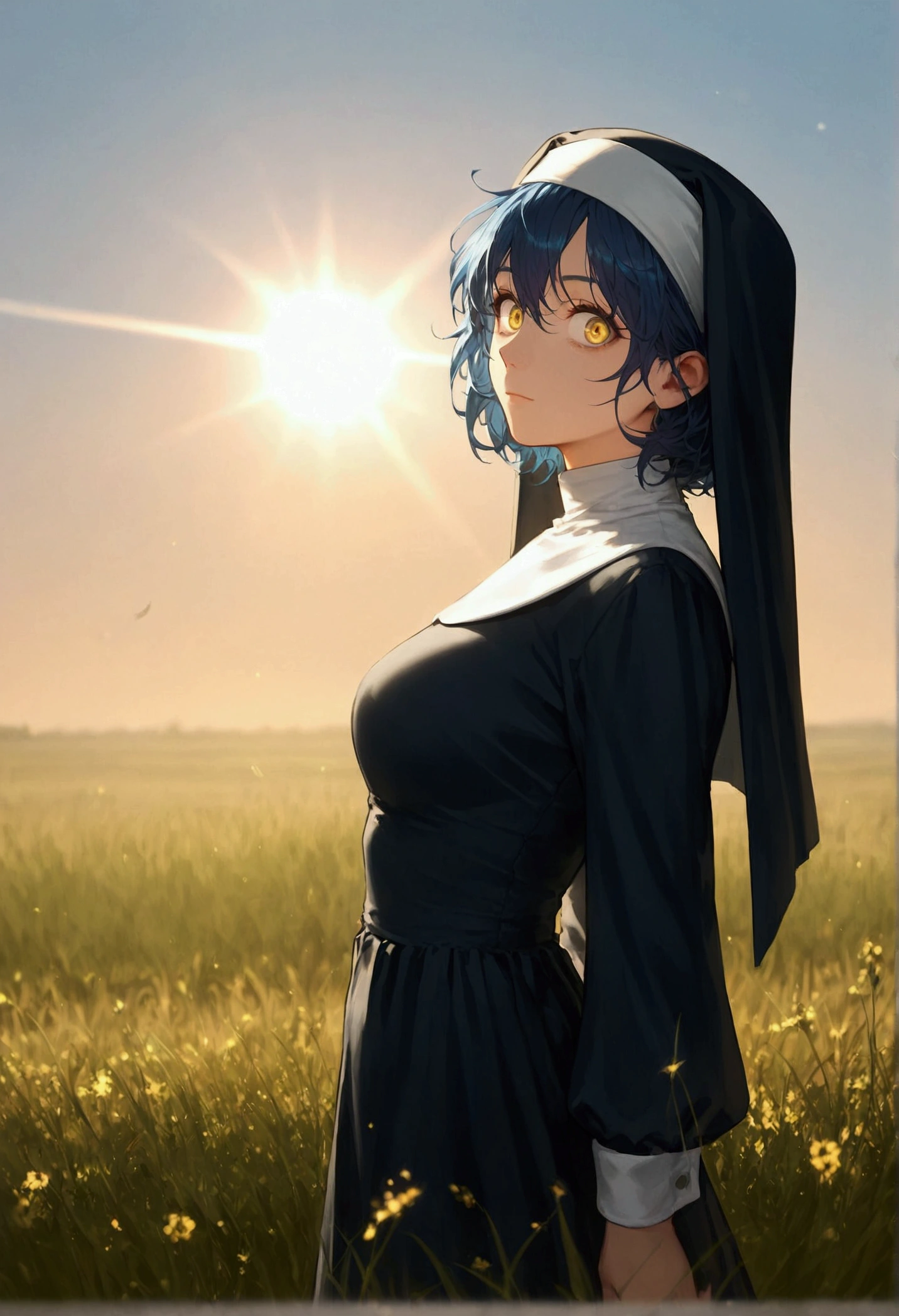 score_9, score_8_up, score_7_up, score_6_up, very aesthetic, sun rising, cinematic light, backlighting, light rays, blur background, 1girl, solo, mature woman, beautiful girl, nun, short hair, bangs, messy hair, deep blue hair, yellow eyes, Pretty Face, expressionless, Constricted pupils, surprised, calm, light smile, looking at viewer, (background : Natural Field Grass And Blue Sky), Shooting up close, Shooting from the side, foreshortening,