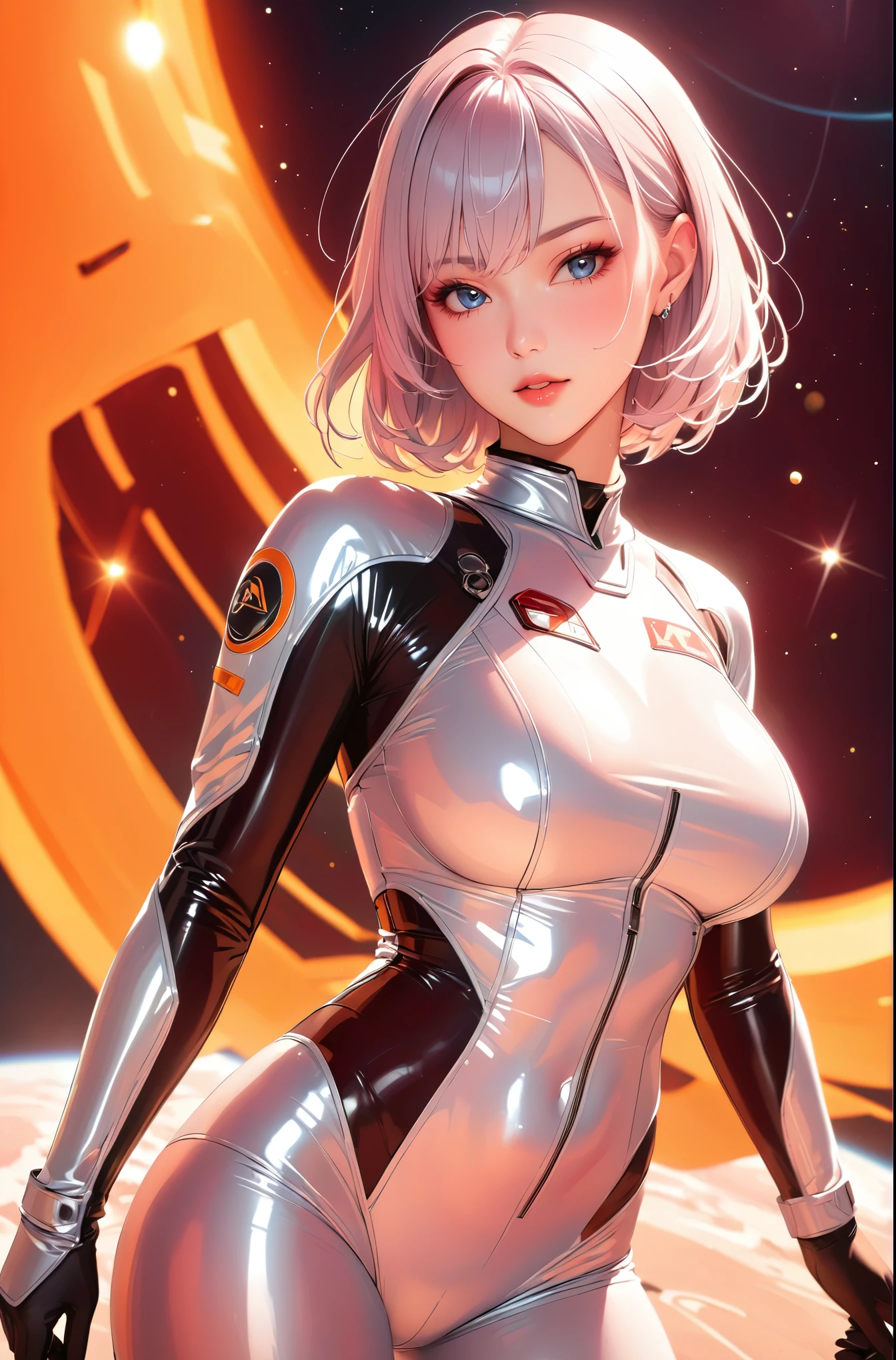 sexy_scifi, wearing sexy_scifi, silver space costume, (shiny clothes, metalic clothes, silver clothes:1.2), sexy space suit, large breasts, space, black sky, stars, bodysuit, katya1, ultra detailed, masterpiece, best quality, aesthetic, detailed, perfec body