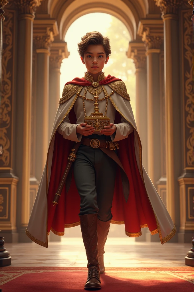 A young boy named Jim Galarck, com cabelo preto e curto, black skin and wearing a long brown cape with white medieval robes, his dark eyes and on his face an expression of confidence.