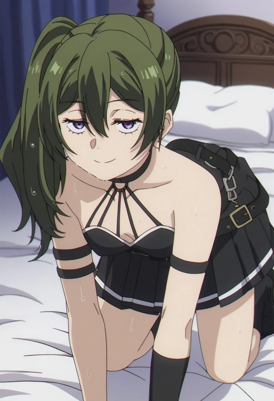 1girl, ubel, solo, green hair, side ponytail, purple eyes, half-closed eyes, small breasts, BREAK
 , halterneck, black choker, armlet, arm strap, bare shoulders, black gloves, single glove, black dress, sleeveless dress, pleated dress, black belt, calflet, thigh strap, black footwear, , , BREAK
closed mouth, smile, wet hair,, sweat, looking at viewer , (crawl on all fours:1.4), (from behind:1.6), BREAK
bed room, on bed, BREAK
score_9, score_8_up, score_7_up, score_6_up, score_5_up, anime, (high quality, detailed, beautiful), shiny, detailed beautiful eyes, outstanding, countershading, detailed soft lighting