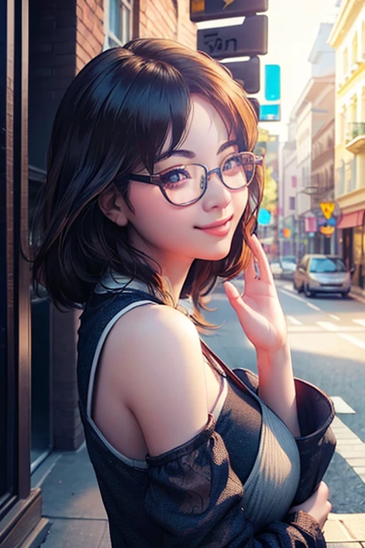 Best Quality、masterpiece、High sensitivity、High resolution、Detailed Description、Delicate facial depiction、Slender women、Glasses、Smiling face、Shopping on the street、