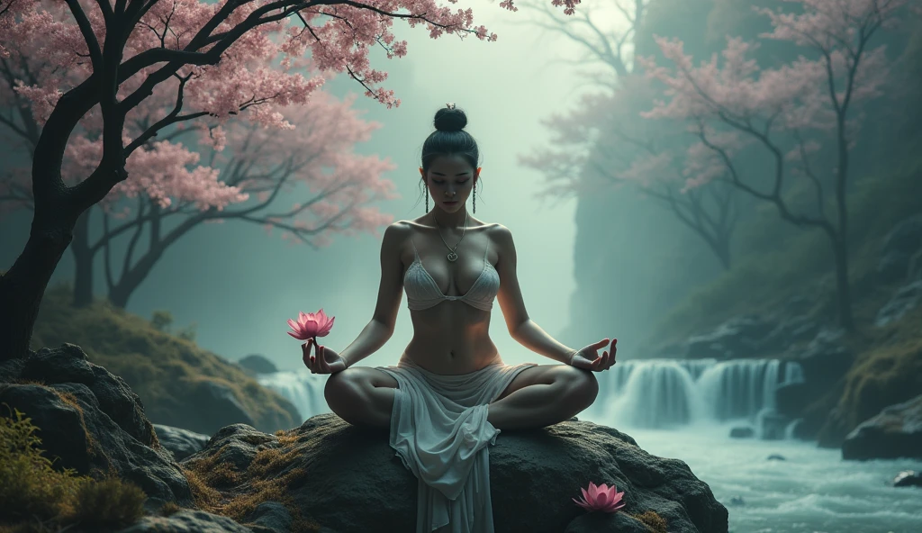 A naked woman on top of a tree with branches in the middle of nowhere looking at her hands and a sky with violet light Receiving an epiphany in the spiritual 