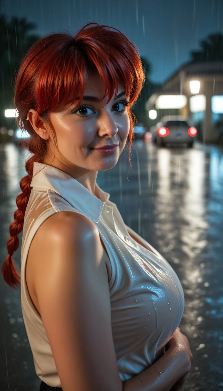 Perfect face, cute girl, red hair, ponytail hairstyle, big breasts, naked only wearing a red thong, topless, walking in a lonely road, covered with trees on both sides, walking in the rain, zoomed out, front view, night time, street lights