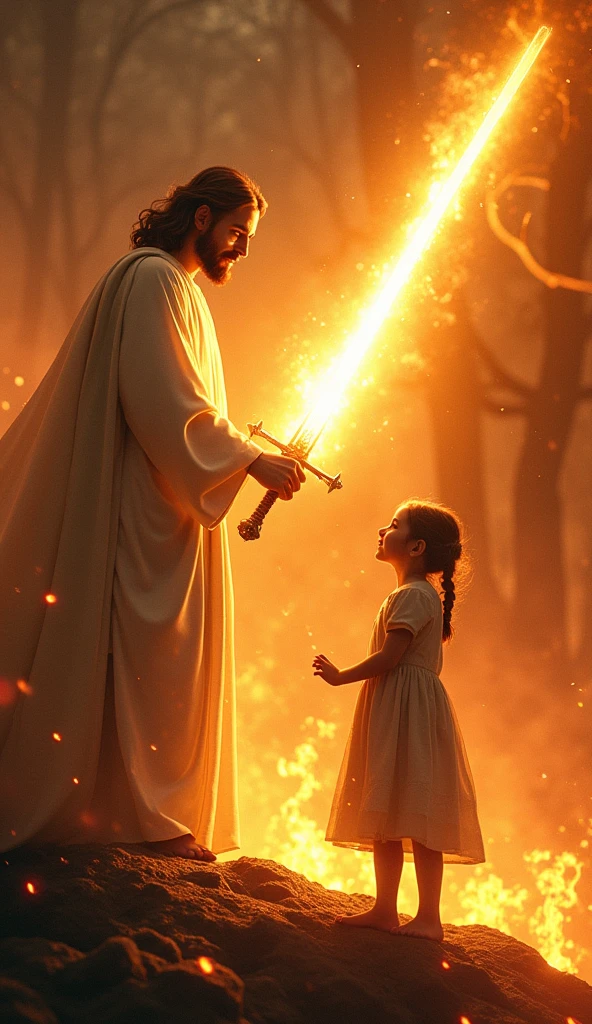 Scene: In a dazzling display of divine power, Jesus strikes the fire devil with His sword of light, and the demon begins to crumble into ashes. The flames around the forest die out as the evil presence fades.
Mood: Climactic victory.
Character Focus: Jesus, glowing in triumph, His sword glowing brightly. The fire devil disintegrating into ash, while the girl watches in awe and relief.