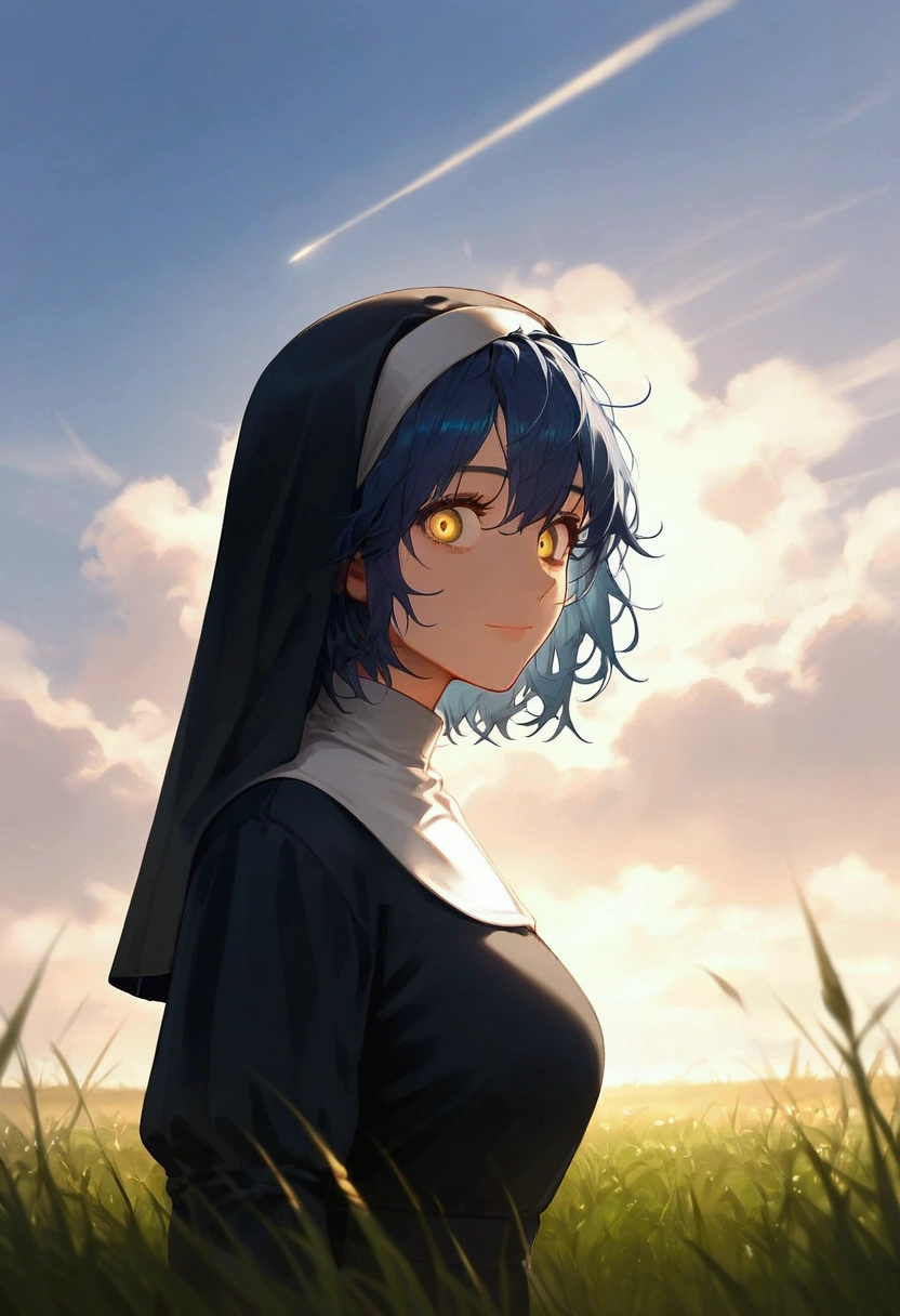 score_9, score_8_up, score_7_up, score_6_up, very aesthetic, daylight, cinematic light, backlighting, light rays, blur background, 1girl, solo, mature woman, beautiful girl, nun, short hair, bangs, messy hair, deep blue hair, yellow eyes, Pretty Face, expressionless, Constricted pupils, surprised, calm, smiling, looking at viewer, (background : Natural Field Grass with Blue Sky and beautiful clouds), Shooting up close, Shooting from the side, foreshortening,