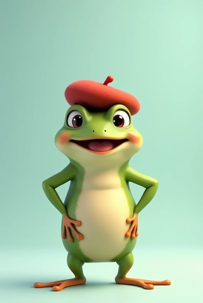 a cute vector of a little frog with a (mini red beret) Small in size, ( little frog) standing, con la boca abierta standing , illustration digital, (hands holding her hips) light blue background, approaching perfection, very detailed, soft and sharp focus, illustration, 4k resolution disney pixar style very detailed
