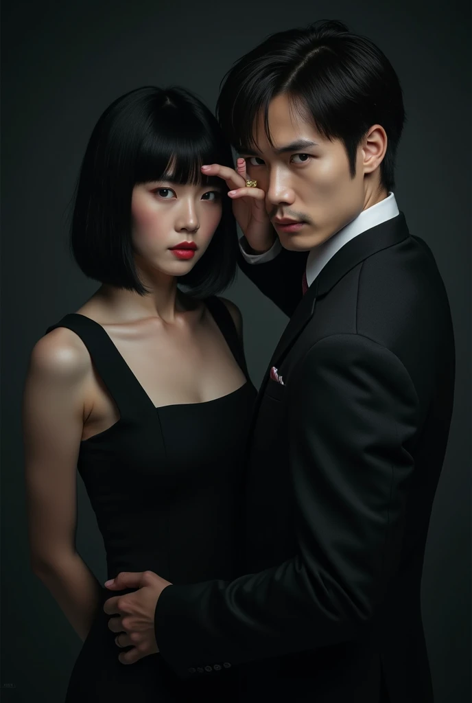 Create an image of a woman facing a man. The woman has Asian features and is well-groomed.., wearing a black dress with red designs, like dragons and roses. She has short black hair and a dark look in her eyes... The man is in a black suit. him'it's taller than her, suas feições são fortes e him não é asiático, him é francês com cabelo preto, rebels and scouts