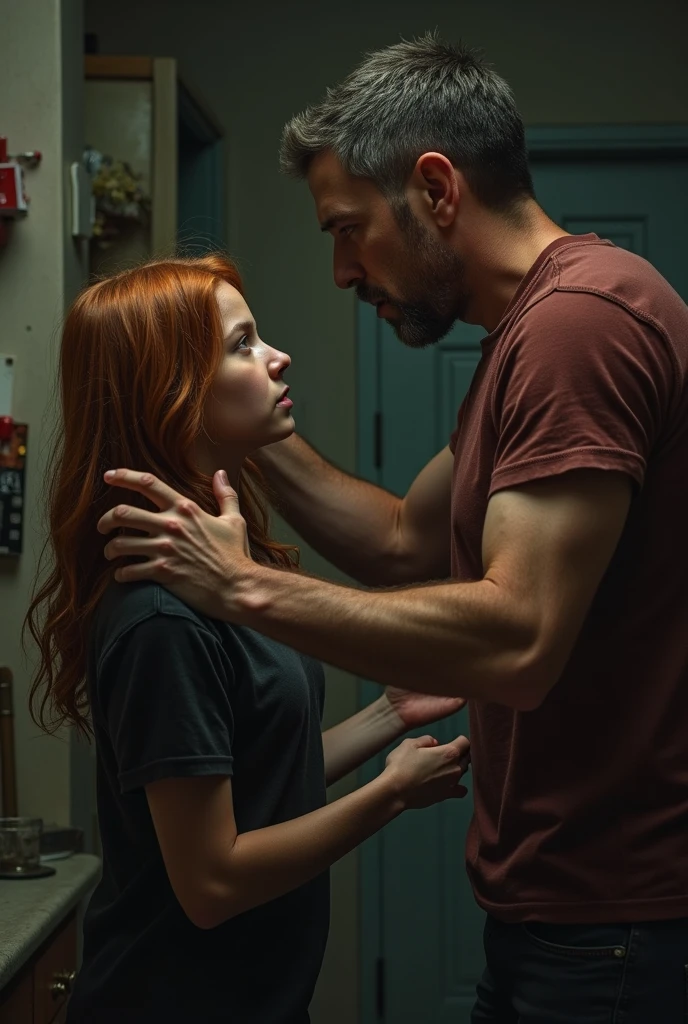 Red-haired Norwegian woman, arguing with dark brown-haired Norwegian man, in front of her house, cinematic, realistic image