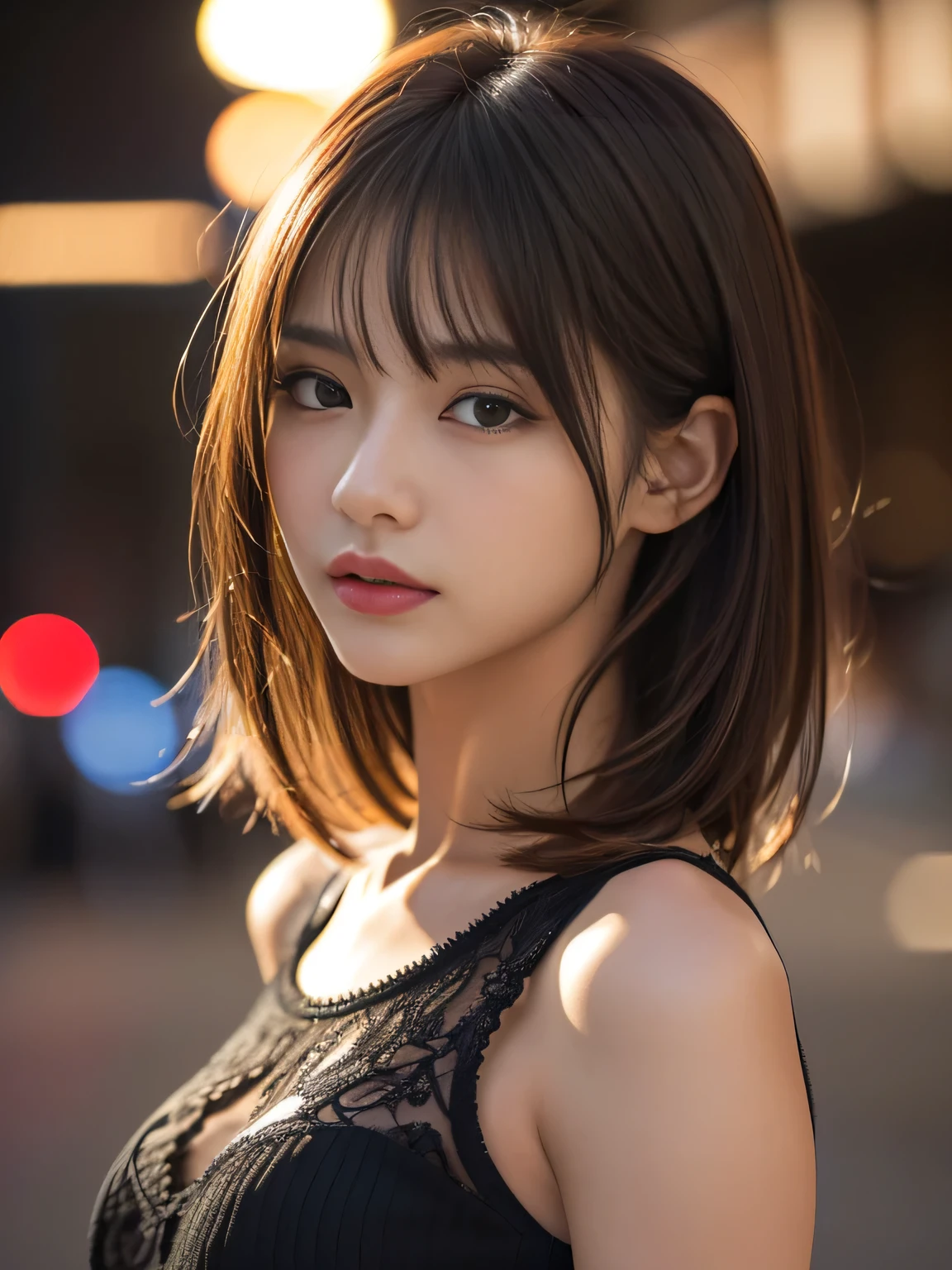 Ultra-high resolution, Superior Quality, Highest quality, Super detailed, Realistic, 8K, RAW Photos, Highest quality, masterpiece, Attractive girl, A wonderful girl, Brown Hair, Shoulder-length layered, Asymmetrical bangs, Japanese Idols, Sophisticated, stylish, Off-the-shoulder tops, Shibuya Ward, Completely naked、All Nude