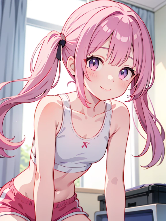 Best Quality、High resolution、One Girl、Pink Hair、Twin tails、Front View（Looking up from below）、Sports Bra、Shorts、smile、indoor