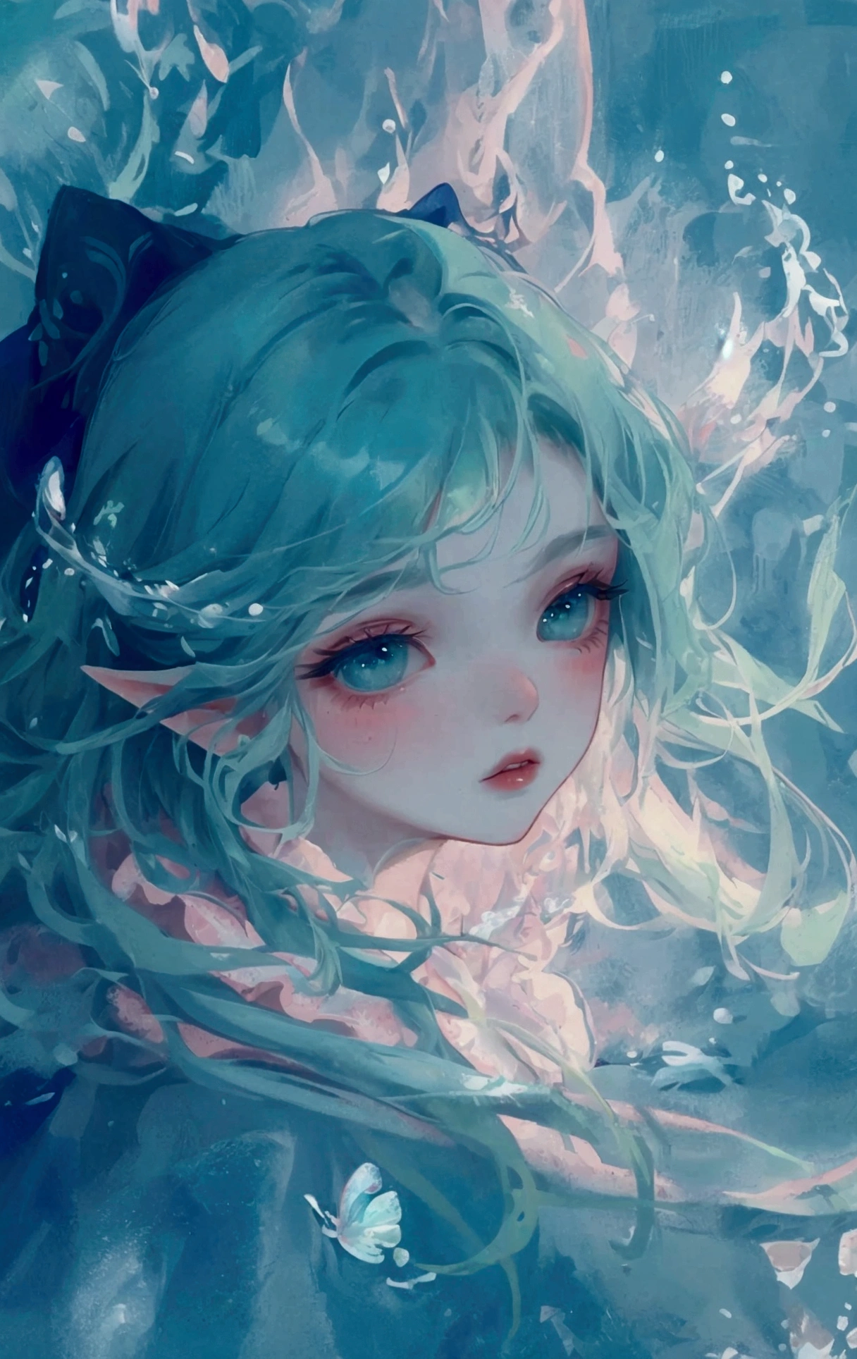 (high quality) (best quality) (a woman) (correct physiognomy) (perfect students) (perfect eyes) young Water nymph, woman, with blue-green eyes, long blue hair of water, white eyelashes and eyebrows, Big round eyes, reddish fluffy lips, ruddy cheeks, soft facial features, thin eyebrows, smooth skin, rosy cheeks, pink lips, silky eyelashes, middle age, Few blue-green fish scales on the arm and shoulders, ears of sirens blue, Blue HAIR of water, anatomy from head to torso.
