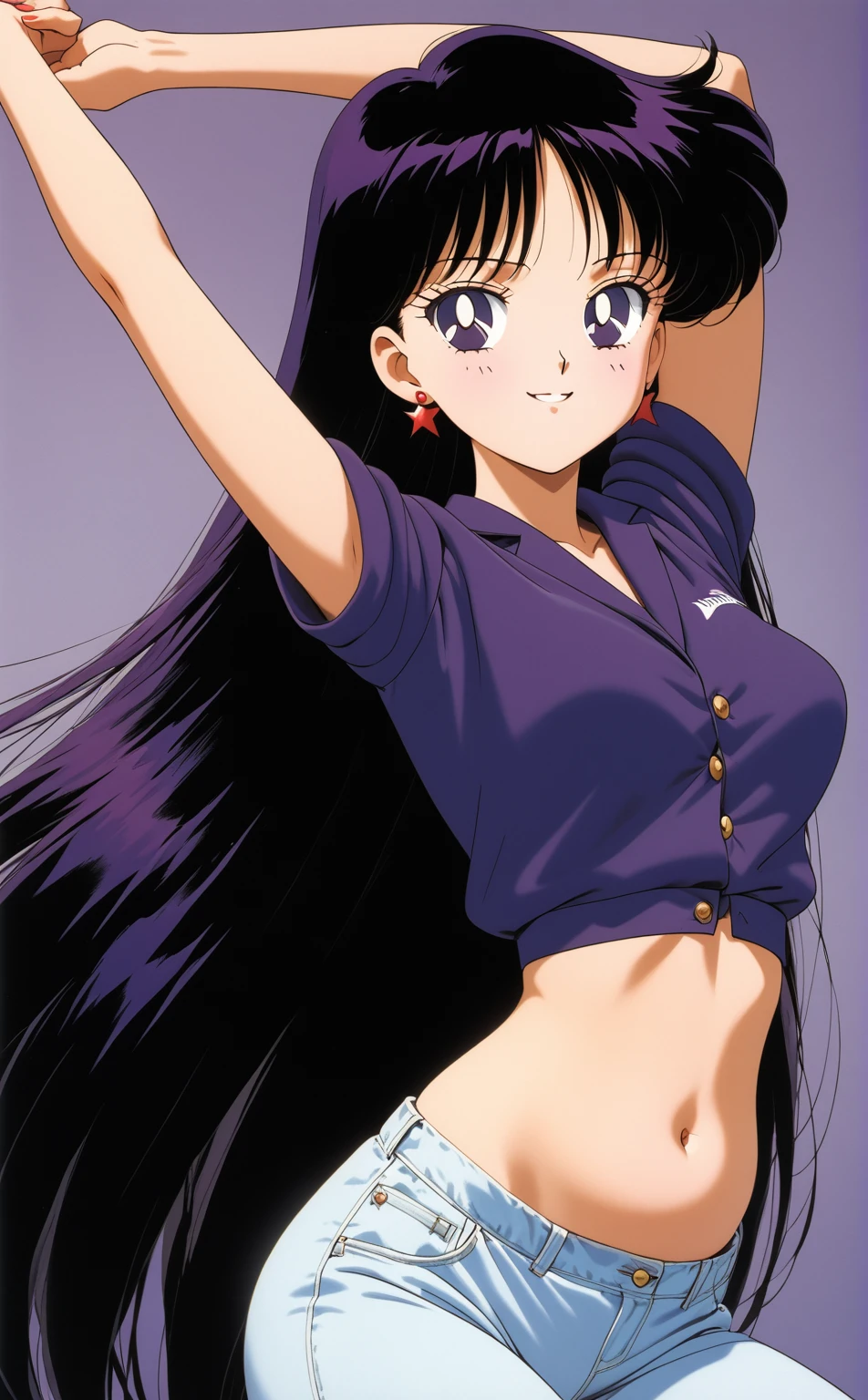 aamars, very long hair, black hair, parted bangs, purple eyes, 1990s \(style\), 1 girl, solo, Best quality, masterpiece, High Definition, Purple Jacket, Covers Half, Midriff, Belly Button, Smile, Stretching, Both Arms Up