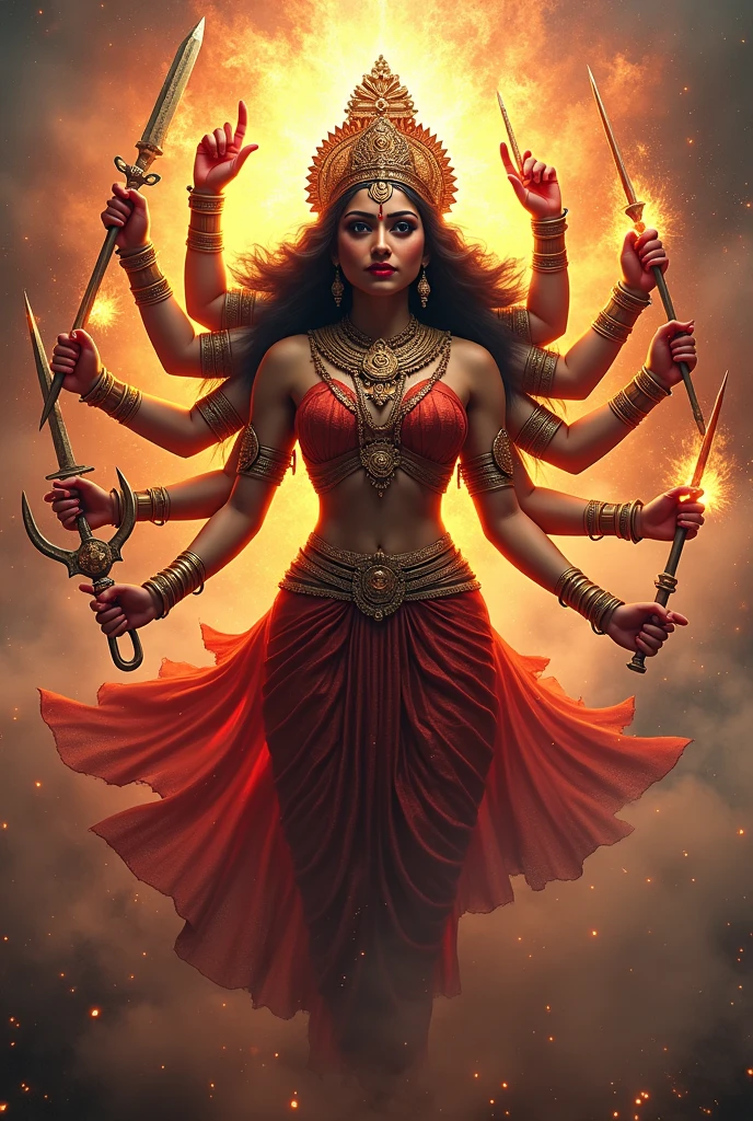 a furious deity with multiple arms, goddess durga, angry expression, detailed face, piercing eyes, ornate headdress, powerful stance, intricate jewelry, elaborate clothing, full body cover, dark background, dramatic lighting, moody atmosphere, digital art, hyper detailed, cinematic style, photorealistic, masterpiece