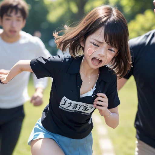 A man hits a woman with a stick:1.8、18 year old Japanese girl in camouflage、Girl running away、whole body、A girl surrounded by five boys、Crying girl、Small breasts、Small breasts、Beautiful legs、Screaming Woman