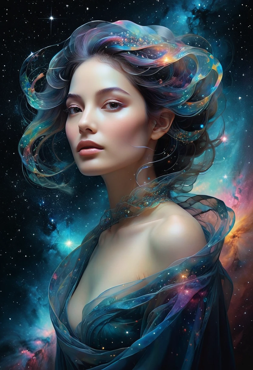 Create an image of delicate shaped galaxies intertwined with cosmic fiber of a mysteriously ephemeral celestial wanderer, perfect and expressive face in double exposure, in a surreal tapestry in the universe, whose silhouette blends perfectly with the cosmic backdrop of swirling stars and galaxies. This conceptual artwork is a digital painting that features intricate detail and depth. The wanderer's iridescent cape glows with ethereal hues, every fold and curve illuminated by an otherworldly glow.