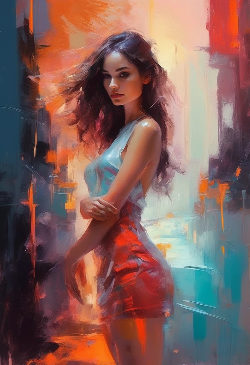 (llyjmscnd woman) art: Henry Asencio, close-up, lava lamp captured in ultra-realistic style, posing in the undulating glow of a neon atmosphere reminiscent of Syd Mead's futuristic aesthetic, the lava inside the lamp seamlessly morphs, soft focus background, neon glow, digital painting, dramatic lighting , artstation trend, sharp focus, studio photo, intricate details, high detail, cleavage, sexy, thigh, short skirt