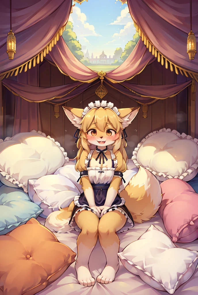 （masterpiece，best quality），mine, The Beast, , (Light and shadow suitable for any Pillow background））, 穿着Maid costume的可爱女孩在Pillow上摆姿势,，Maid costume，nature,, (blush),a smile，Pillow,（Lots of Pillow），Soft cushion，（canopy bed），（Pillow），Lots of Pillow，（Friction in the crotch），（（PillowCamel）），（A tail），（Around the protagonist），steam，（Pillow），（LuxuryPillow），（Palace Pillow Pattern Pillow），（palace），（outdoor的背景），（Gorgeous Pattern Pillow），Soft Pillow，，（Classical European style bedroom ），（excited，shy person，Lack of expressiveness，），pillow hump,，(Deluxe Rococo Canopy King Bed),Luxurious curtains with ornate ruffles and ribbons hang around the large bed.,((((The bed is piled with many Pillows)))),Quilt details,Detailed bed linen,Ruffled Bed Skirt,Deep Bed,Background with depth,((Pillow in detail)), ((((A Lot of Pillow))))，,，Detailed Soft Pillow,,((女孩正躺在许多Soft Pillow上,There are many Pillows around))，、、In a large canopy bed、Soft sheets and quilts、Colorful soft Pillow、Lots of Pillow、Soft toned bed、Ruffled curtains around the bed.。Delicate face，（Ornate pattern pillow），Soft pillows，，（outdoor ），（Excited face，Opened his mouth，Shy，），,MASTURBATING WITH PILLOW,，，FORTUNES，fox girl，，sweaty，，sitting，，Blushing，Shy,((feet on pillows，feet trample on pillows))