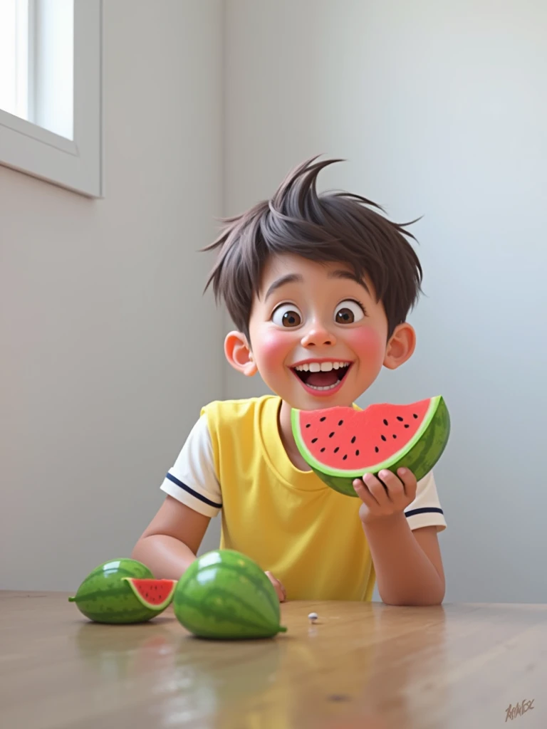 Draw an illustration of a Palestinian child eating a watermelon, depict it smoothly and clearly