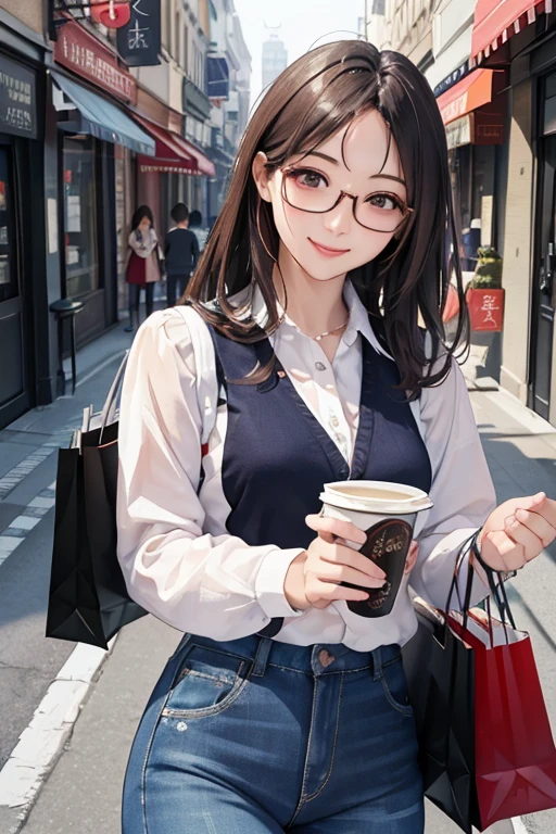 Best Quality、masterpiece、High sensitivity、High resolution、Detailed Description、Delicate facial depiction、Slender women、Glasses、Smiling face、Shopping on the street、