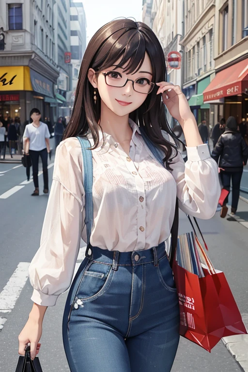 Best Quality、masterpiece、High sensitivity、High resolution、Detailed Description、Delicate facial depiction、Slender women、Glasses、Smiling face、Shopping on the street、