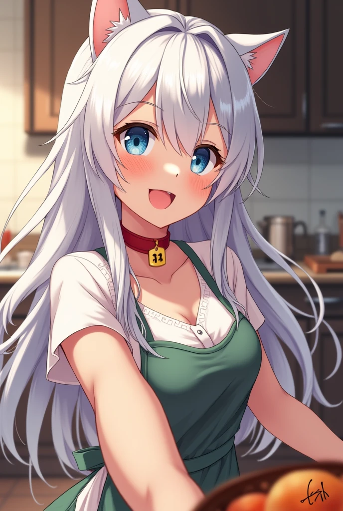 one woman, highest quality, masterpiece, big breasts, beautiful breasts, Super beautiful woman, beautiful eyes, Upper body, 2D, standing position, cleavage,  perfect eyes, anime characters, smile, open your mouth, silver hair, Forehead visible, naked apron, kitchen, mature woman, Slut, Excessive exposure, Super erect nipples, 