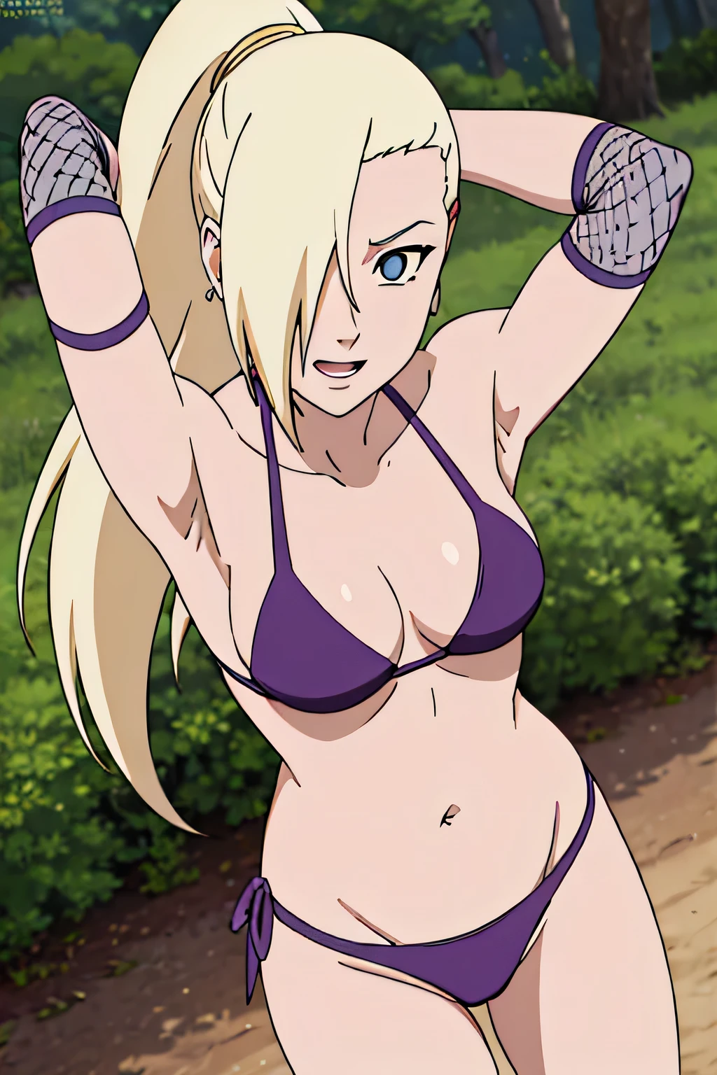 ((((wearingpurple bikini))))), Ino yamanaka, looking at the viewer, gorgeous, attractive, groin, cowboy shot, ultra detailed face, sunny day, day time, upper body view, anime style, solo, detailed flower field, blonde, (focus on face), ((one eye covered with hair, hair over eye)), medium breasts, belly button, looking at the viewer, sexy arms, (off-shoulders, small shoulders, curving body), hidden eye, smile, open mouth, very happy, tall, hair clip, sharp look, sharp face, sharp eye, cold colors,
