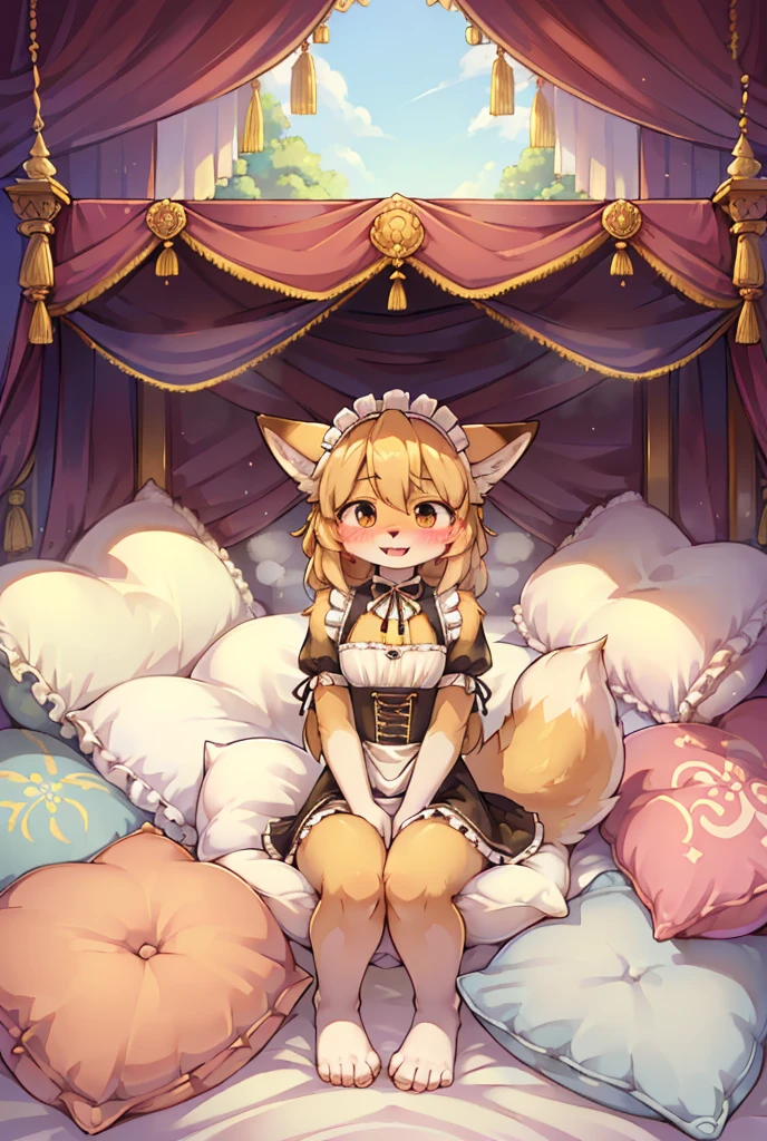 （masterpiece，best quality），mine, The Beast, , (Light and shadow suitable for any Pillow background））, 穿着Maid costume的可爱女孩在Pillow上摆姿势,，Maid costume，nature,, (blush),a smile，Pillow,（Lots of Pillow），Soft cushion，（canopy bed），（Pillow），Lots of Pillow，（Friction in the crotch），（（PillowCamel）），（A tail），（Around the protagonist），steam，（Pillow），（LuxuryPillow），（Palace Pillow Pattern Pillow），（palace），（outdoor的背景），（Gorgeous Pattern Pillow），Soft Pillow，，（Classical European style bedroom ），（excited，shy person，Lack of expressiveness，），pillow hump,，(Deluxe Rococo Canopy King Bed),Luxurious curtains with ornate ruffles and ribbons hang around the large bed.,((((The bed is piled with many Pillows)))),Quilt details,Detailed bed linen,Ruffled Bed Skirt,Deep Bed,Background with depth,((Pillow in detail)), ((((A Lot of Pillow))))，,，Detailed Soft Pillow,,((女孩正躺在许多Soft Pillow上,There are many Pillows around))，、、In a large canopy bed、Soft sheets and quilts、Colorful soft Pillow、Lots of Pillow、Soft toned bed、Ruffled curtains around the bed.。Delicate face，（Ornate pattern pillow），Soft pillows，，（outdoor ），（Excited face，Opened his mouth，Shy，），,MASTURBATING WITH PILLOW,，，FORTUNES，fox girl，，sweaty，，sitting，，Blushing，Shy,((feet on pillows，feet trample on pillows))