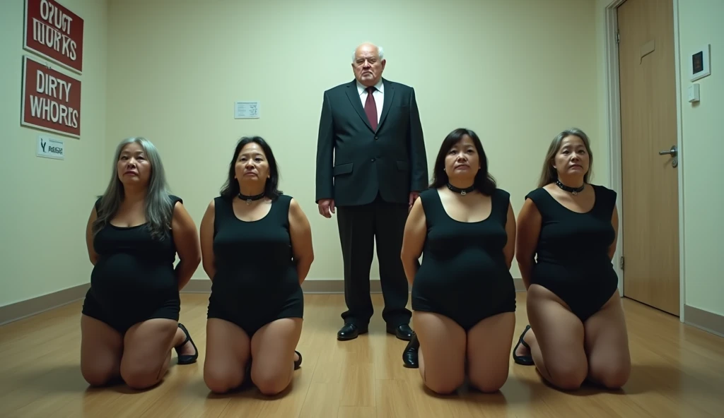 image of an older american man kissing an american girl surrounded by 10 white american girls standing in a row, cute, 20 years old, black hair, very long hair, (her pussy is showing), naked, curvaceous, looking at the viewer, the surrounding scene is a living room, clear image