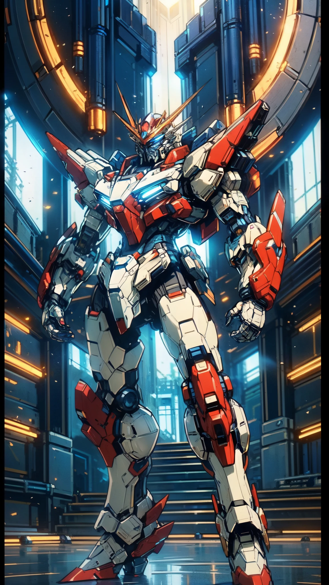 (masterpiece:1.5, best quality:1.5, extremely delicate:1.5), (male:1.5), humanoid Mecha, fully enclosed shoulder guards, matching arm and leg guards, full body, full armor, the design balances heavy with agility, (the color scheme is primarily White with Blue and Red accents, the concept Inspired by Super Robot, SRS), organic biotech armor, standing, floating high above the futuristic sci-fi city, exquisite and mature art style, (aura effect, glowing eyes, the armor glows), metallic, dramatic, high definition, highres, ultra-detailed, ultra-fine painting, professional, perfect body proportions, anatomically correct, symmetrical face, extremely detailed eyes and face, high quality eyes, creativity, RAW photo, UHD, 32k, Natural light, cinematic lighting, masterpiece-anatomy-perfect