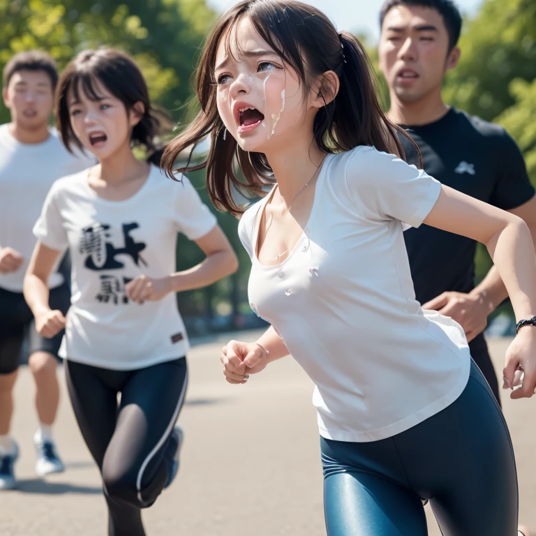 1 Realistic young japanese cute girl,3boys,(((a very cute japanese anorexic woman is running away from men:1.5))),(((some Japanese men are chasing girl:1.5))),(((wearing dark blue leggings,white t-shirt))),around in park,4K, 8K, (Masterpiece, best quality:1.2),Very realistic eyes, perfect face,20years old,thin girl,((skinny girl)),slim girl,small girl,childish girl,(((flat chest))),(((small breast))),white skin,short twin tail hair,around lake in park,at dusk,(((open mouth:1.3))),(((surprised:1.3))),(((crying:1.3))),(((dynamic motion:1.5)))