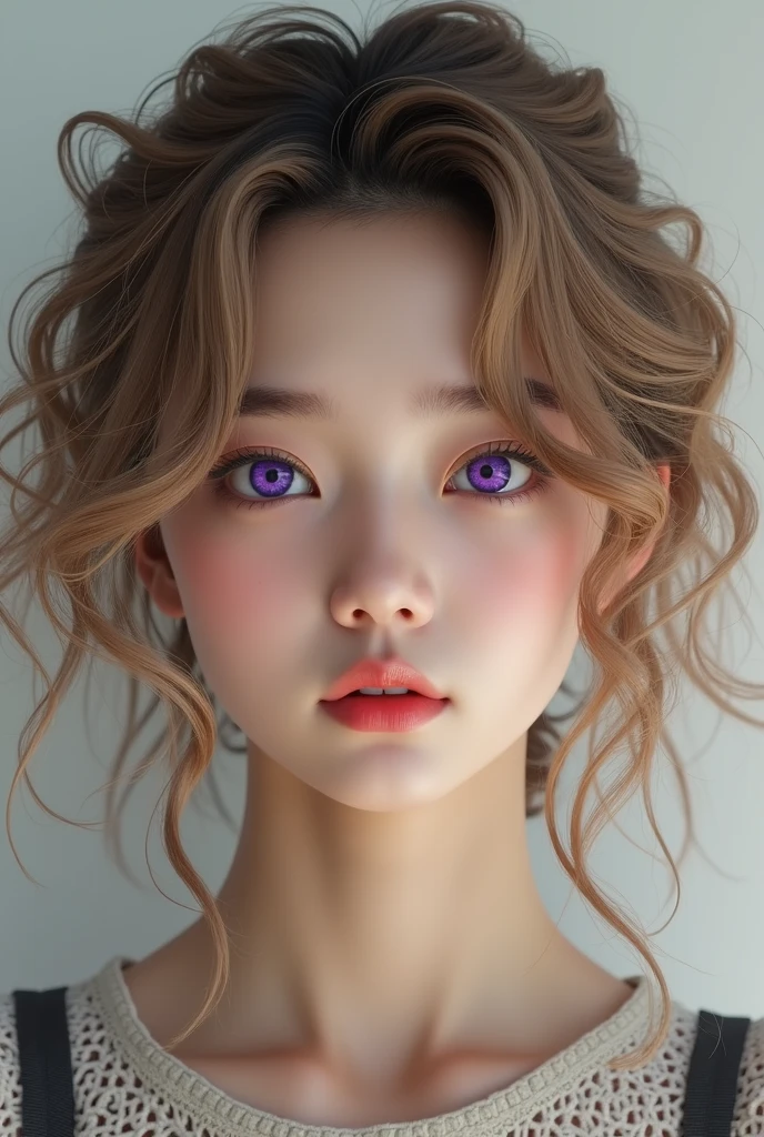 Girl with pale skin, delicate features, small mouth with full lips, big violet eyes, thin eyebrows, with freckles and long, light blonde curly hair