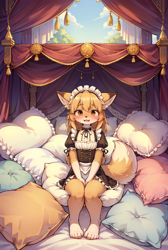 （masterpiece，best quality），mine, The Beast, , (Light and shadow suitable for any Pillow background））, 穿着Maid costume的可爱女孩在Pillow上摆姿势,，Maid costume，nature,, (blush),a smile，Pillow,（Lots of Pillow），Soft cushion，（canopy bed），（Pillow），Lots of Pillow，（Friction in the crotch），（（PillowCamel）），（A tail），（Around the protagonist），steam，（Pillow），（LuxuryPillow），（Palace Pillow Pattern Pillow），（palace），（outdoor的背景），（Gorgeous Pattern Pillow），Soft Pillow，，（Classical European style bedroom ），（excited，shy person，Lack of expressiveness，），pillow hump,，(Deluxe Rococo Canopy King Bed),Luxurious curtains with ornate ruffles and ribbons hang around the large bed.,((((The bed is piled with many Pillows)))),Quilt details,Detailed bed linen,Ruffled Bed Skirt,Deep Bed,Background with depth,((Pillow in detail)), ((((A Lot of Pillow))))，,，Detailed Soft Pillow,,((女孩正躺在许多Soft Pillow上,There are many Pillows around))，、、In a large canopy bed、Soft sheets and quilts、Colorful soft Pillow、Lots of Pillow、Soft toned bed、Ruffled curtains around the bed.。Delicate face，（Ornate pattern pillow），Soft pillows，，（outdoor ），（Excited face，Opened his mouth，Shy，），,MASTURBATING WITH PILLOW,，，FORTUNES，fox girl，，sweaty，，sitting，，Blushing，Shy,((feet on pillows，feet trample on pillows))