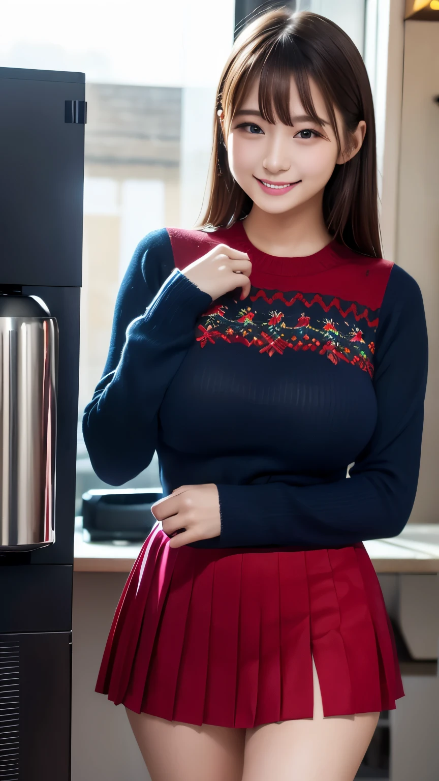 A neat and clean high school girl wearing a Christmas sweater, Beautiful saggy big breasts、Navy blue pleated skirt above the knee、Futuristic coffee machine、Twenty-four year old girl、8k Quality、Cute makeup like a gravure model、Posing from the front、