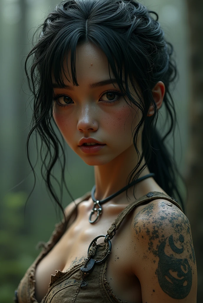 In the depths of an uncharted island jungle, a haunting yet strangely serene scene unfolds. A tribe of stunningly beautiful, nude Korean women, their bodies adorned with mud, dirt, blood, and piercings, have established a primitive camp. Their long, black hair flows down their backs like waterfalls. The central figure, a tall and muscular woman with a commanding presence, holds a freshly severed human leg, blood dripping from her mouth, embodying the brutal reality of their survival. Around her, other women sharpen weapons, roast a human carcass over an open fire, and engage in playful butchery. The air is thick with the scent of cooking flesh, while vibrant foliage and tropical flora offer a stark contrast to the grisly scene. Light filters through the leaves, casting shadows on their tanned skin, highlighting their resilience and unity. This unsettling blend of primitive brutality and ethereal beauty captivates, leaving the viewer both repulsed and mesmerized by their raw existence.