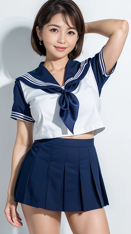 Best Quality、masterpiece、Very detailed、Realistic、Ultra-dense skin、Perfect Anatomy、Beautiful Japanese Mature、(4:1.6)、 (Wrinkles around the eyes:1.3)、Nasolabial folds、 (((Plump figure、Large Breasts、Emphasizes plump thighs)))、 Earrings、((High school uniform、Sailor suit、Super short mini skirt:1.3))、High heels、 Standing、Plain background、(Full body shot from head to toe:1.4)、Shoot the front
