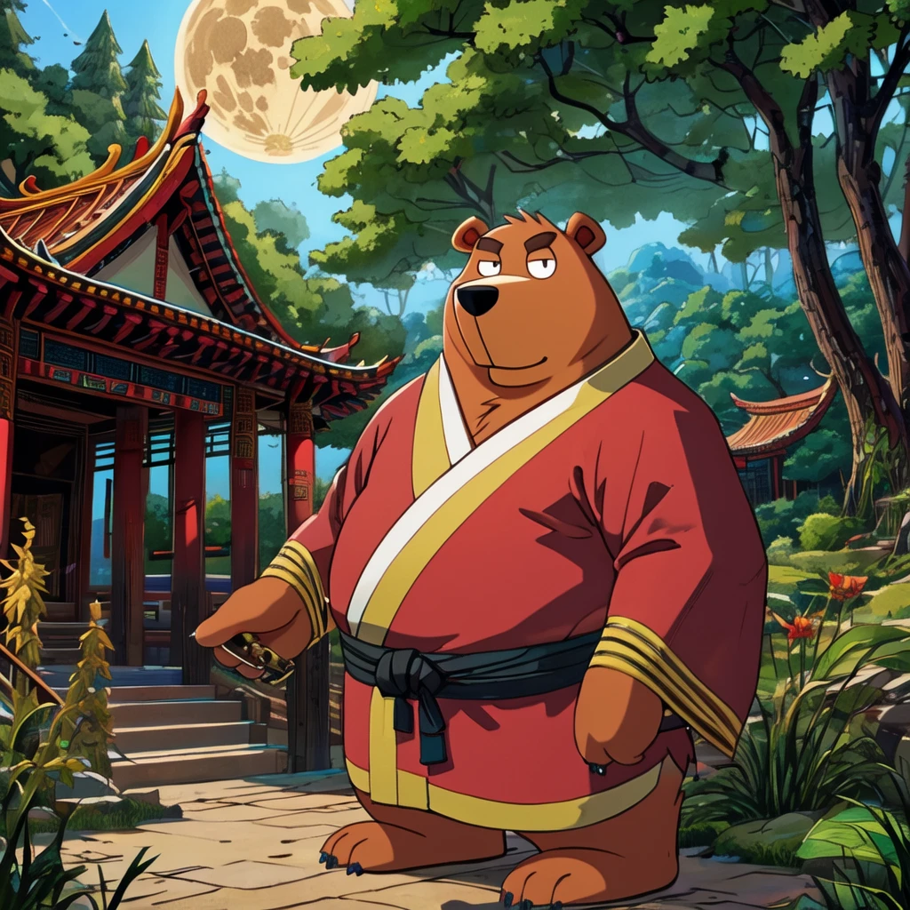 Best quality, masterpiece, ultra high res, raw photo, 1male, tim, tim the bear, round belly, wearing a Taoist robe, anatomically correct eyes, looking at viewer, outdoors, evening, forest background, fantasycharacter, masterpiece,best quality,Chinese martial arts style,octagonal stone pavilion, big full moon,cultivator, male, tim as a cultivator