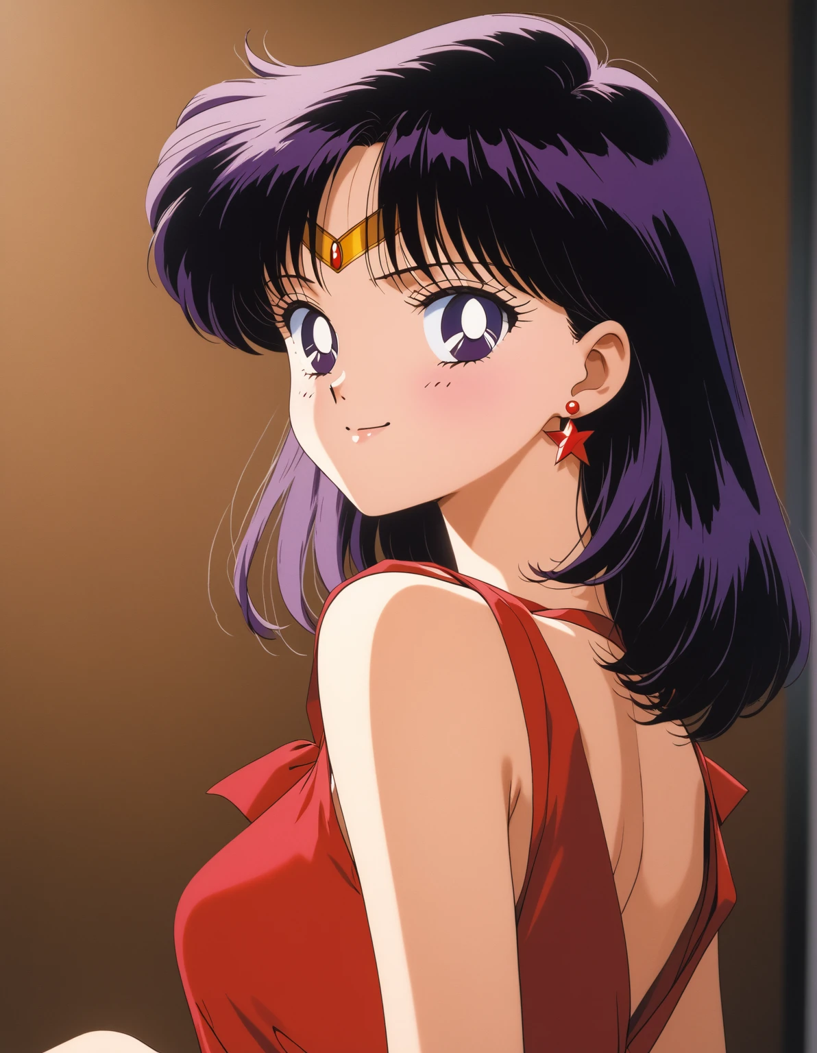 aamars, short hair, bright purple hair, parted bangs, purple eyes, 1990s \(style\), 1 girl, solo, Best quality, masterpiece, High Definition, Red Dress, Smiling