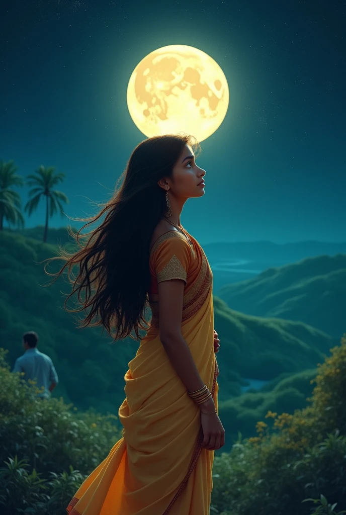 Picture of a girl who is sitting on the roof of mud house wearing suit salwar and watching towards moon and sky which is full of stars 