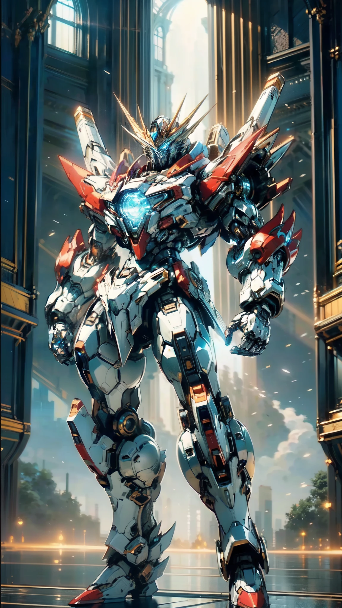 (masterpiece:1.5, best quality:1.5, extremely delicate:1.5), (male:1.5), humanoid Mecha, fully enclosed shoulder guards, matching arm and leg guards, full body, full armor, the design balances heavy with agility, (the color scheme is primarily White with Blue and Red accents, the concept Inspired by Super Robot, SRS), organic biotech armor, standing, floating high above the futuristic sci-fi city, exquisite and mature art style, (aura effect, glowing eyes, the armor glows), metallic, dramatic, high definition, highres, ultra-detailed, ultra-fine painting, professional, perfect body proportions, anatomically correct, symmetrical face, extremely detailed eyes and face, high quality eyes, creativity, RAW photo, UHD, 32k, Natural light, cinematic lighting, masterpiece-anatomy-perfect