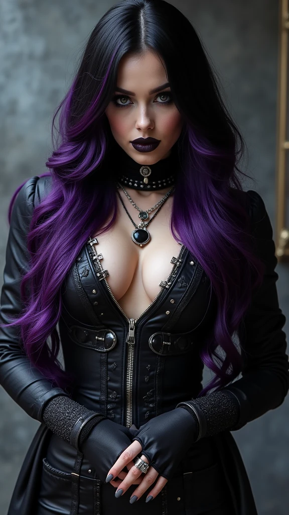 gothic, 1girl, solo, purple long hair, breasts, hips, looking at viewer, dominant, stare, dominatrix, black hair, black eyes, upper body, holding whip, flogger, small breasts, parted lips, solo focus, lips, realistic, nose, latex, latex catsuit, latex, piercing, latex gloves, cold background, gorgerous, perfect light, realistic <lora:gothic_v1:1>
