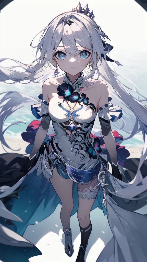 ((full body)),1 person, Alone, whole body, (Best Quality,8k,High resolution,masterpiece:1.2),Very detailed,(anime), The End of the Lord, Kiana \ (Serious impact 3)Very long white hair, blue eyes, Alone, Very detailed顔の特徴, Small and beautiful eyes, cute, Gazing at the audience, Shooting from above, Fantastic landscape, Bright colors, loose fitting dress, Rich details, Rich environment, Golden Ratio