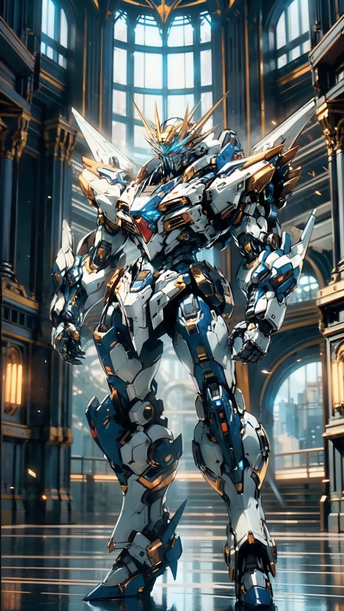 (masterpiece:1.5, best quality:1.5, extremely delicate:1.5), (male:1.5), humanoid Mecha, fully enclosed shoulder guards, matching arm and leg guards, full body, full armor, the design balances heavy with agility, (the color scheme is primarily White with Blue and Red accents, the concept Inspired by Super Robot, SRS), organic biotech armor, standing, floating high above the futuristic sci-fi city, exquisite and mature art style, (aura effect, glowing eyes, the armor glows), metallic, dramatic, high definition, highres, ultra-detailed, ultra-fine painting, professional, perfect body proportions, anatomically correct, symmetrical face, extremely detailed eyes and face, high quality eyes, creativity, RAW photo, UHD, 32k, Natural light, cinematic lighting, masterpiece-anatomy-perfect