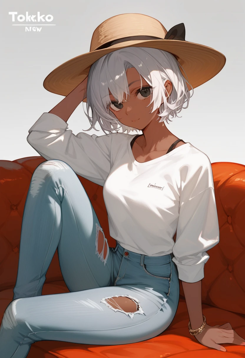 [Name("Tomoe"), Appearance("Medium height" + "F cup" + "short silver hair" +"black eyes" + "woman" + "bright Brown skin"), Wardrobe("Wearing a plain white shirts" + "Ripped jeans"),
Accessories("hat"), Environment("japanese inn" + "Ryokan" + "red couch"), Expressions("Seductive"), Pose("hand behind head" + "Spreaded legs"), Tags:("Seductive" + "NSFW")]